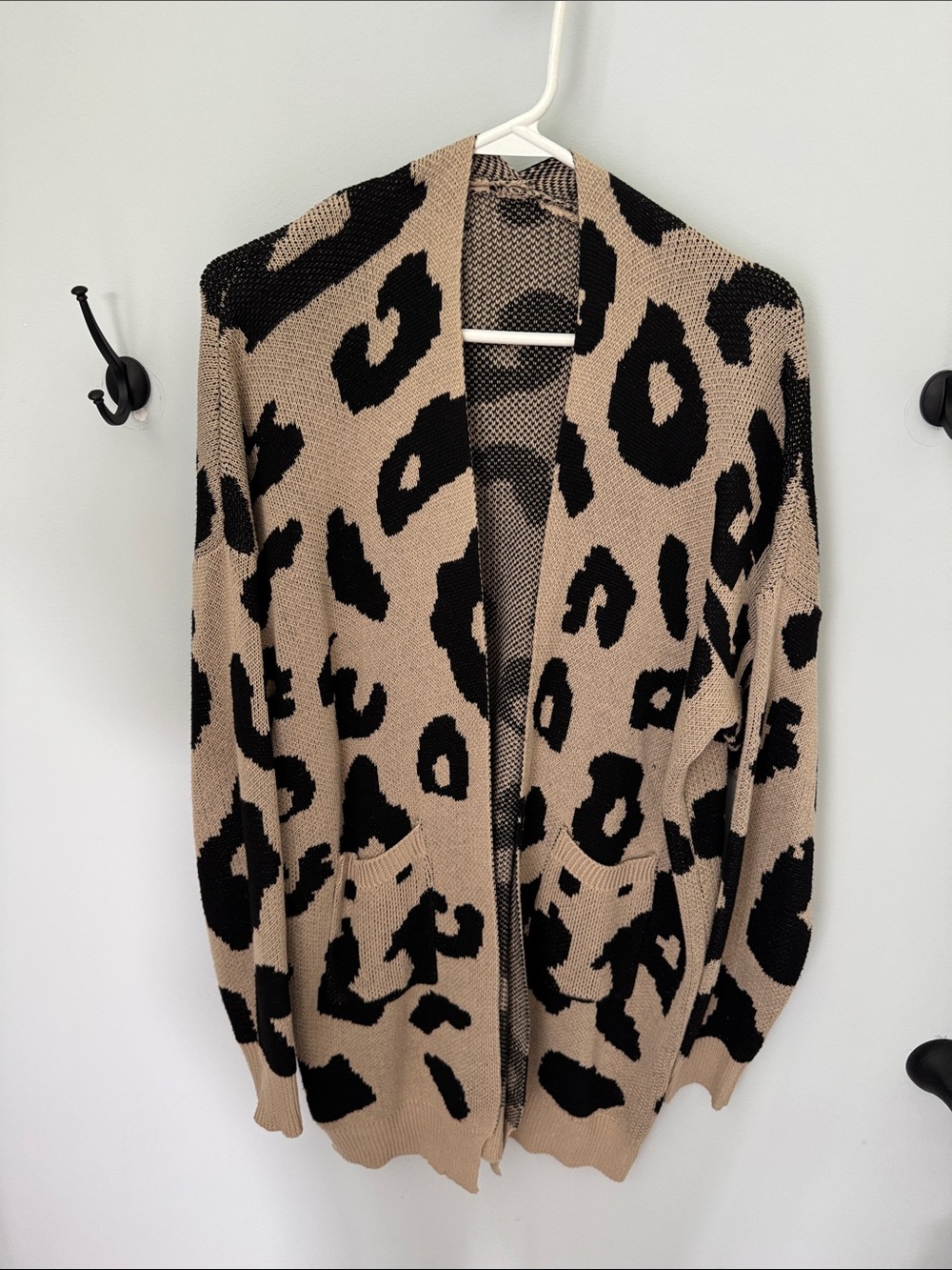 Beige and Black Leopard Open-Front Women's Cardigan Sweater
